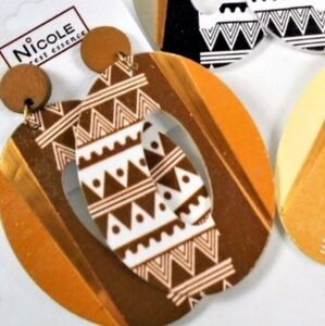 Hand painted Wooden Dangle Earrings Boho Bohemian Natural wood Jewelry NEW NWT